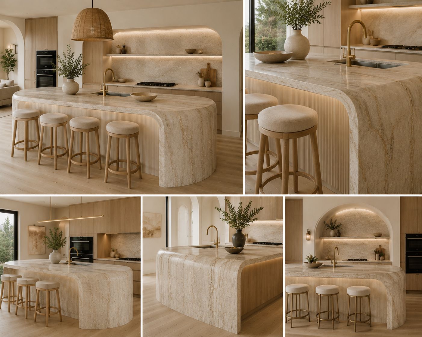 Luxury marble kitchen benchtop with waterfall edge