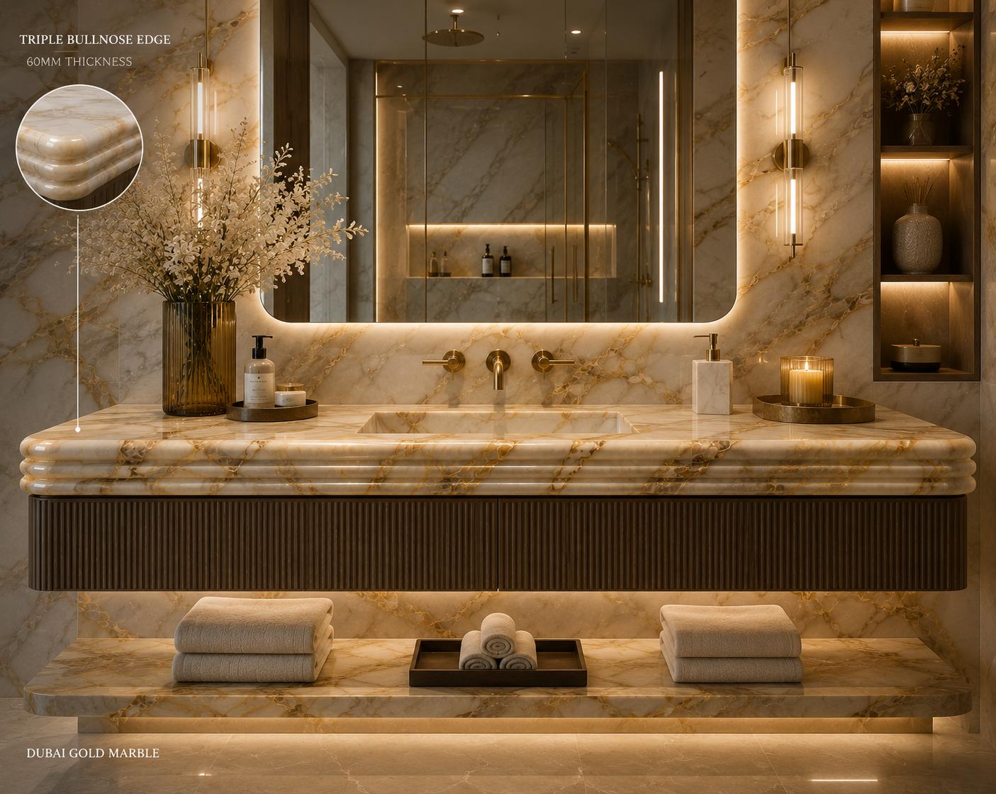 Luxury marble kitchen benchtop with waterfall edge